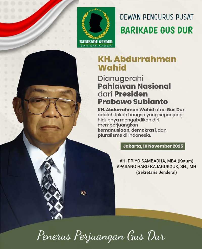 Presiden Prabowo Anugerahi Gus Dur Gelar Pahlawan Nasional 